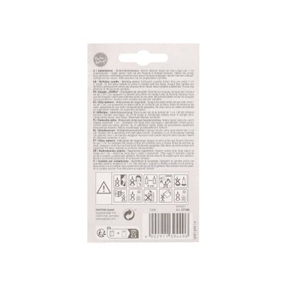 Back of a PAPSTAR number candle with holder 7 cm "Gold" packaging from PAPSTAR GmbH with multilingual instructions, warning symbols, recycling information, barcode, and brand logos. The white, black, and gray packaging matches any birthday cake decoration.