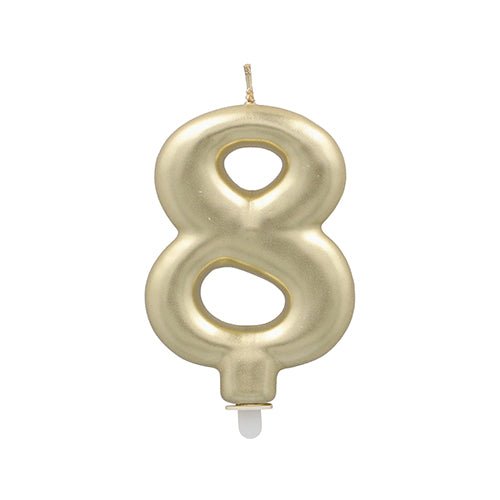 The PAPSTAR GmbH number candle with holder 7 cm "gold" is a gold-colored number candle with a small white base, ideal as cake decoration or birthday candle.