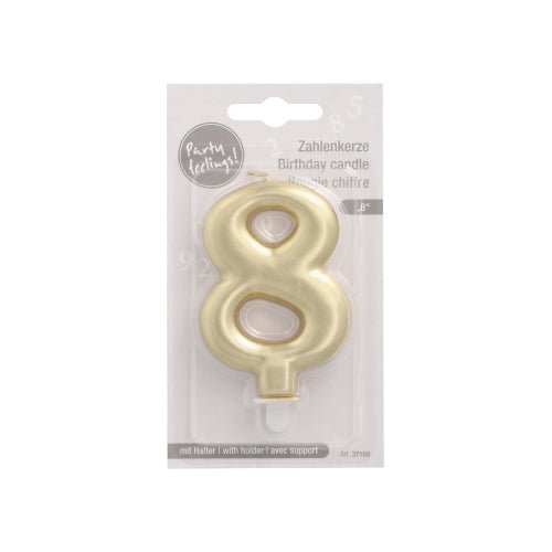 The PAPSTAR GmbH number candle with holder 7 cm "gold" comes in plastic packaging with a multilingual label and hanging tab - ideal as a stylish cake candle for any celebration.