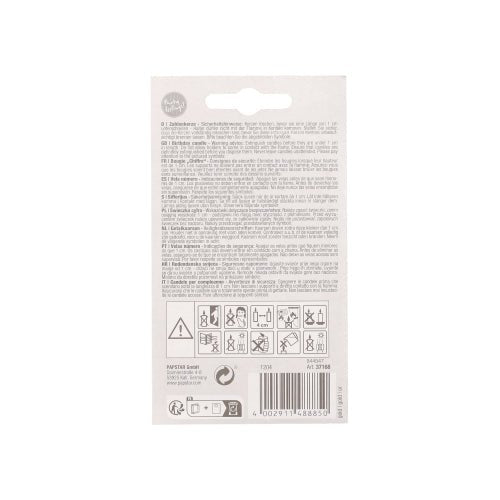 On the back of the PAPSTAR number candle with holder 7 cm "gold" there are multilingual texts, icons for warnings and notices, recycling and barcode symbols, as well as information about PAPSTAR GmbH. Ideal as a birthday candle or cake candle for celebrations.