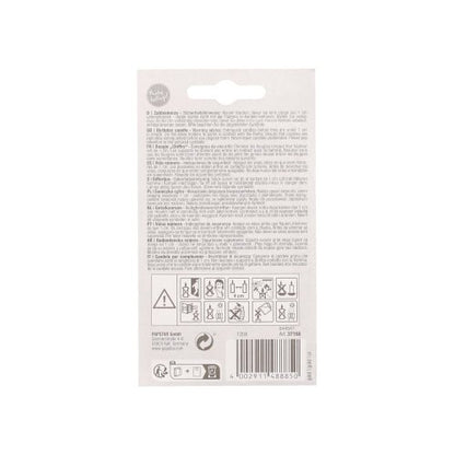 On the back of the PAPSTAR number candle with holder 7 cm "gold" there are multilingual texts, icons for warnings and notices, recycling and barcode symbols, as well as information about PAPSTAR GmbH. Ideal as a birthday candle or cake candle for celebrations.