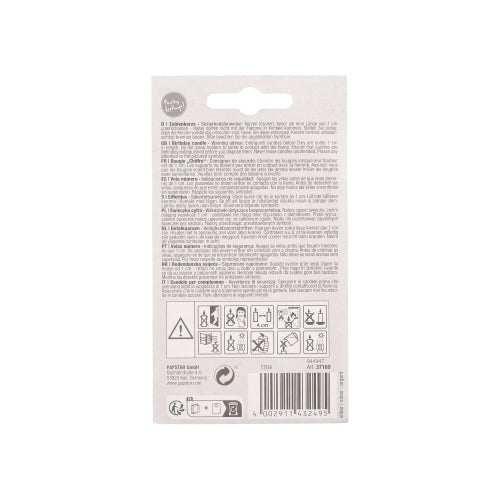 The packaging of the PAPSTAR number candle with holder 7 cm "silver" from PAPSTAR GmbH is equipped with multilingual text, safety and recycling symbols, barcode, and manufacturer information - all in black on a white background.