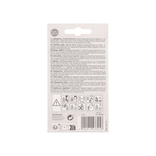 The back of a PAPSTAR number candle with holder 7 cm "gold" from PAPSTAR GmbH contains instructions and safety warnings in multiple languages, safety symbols, recycling symbols, a barcode, and the serial number - perfect for any birthday cake.