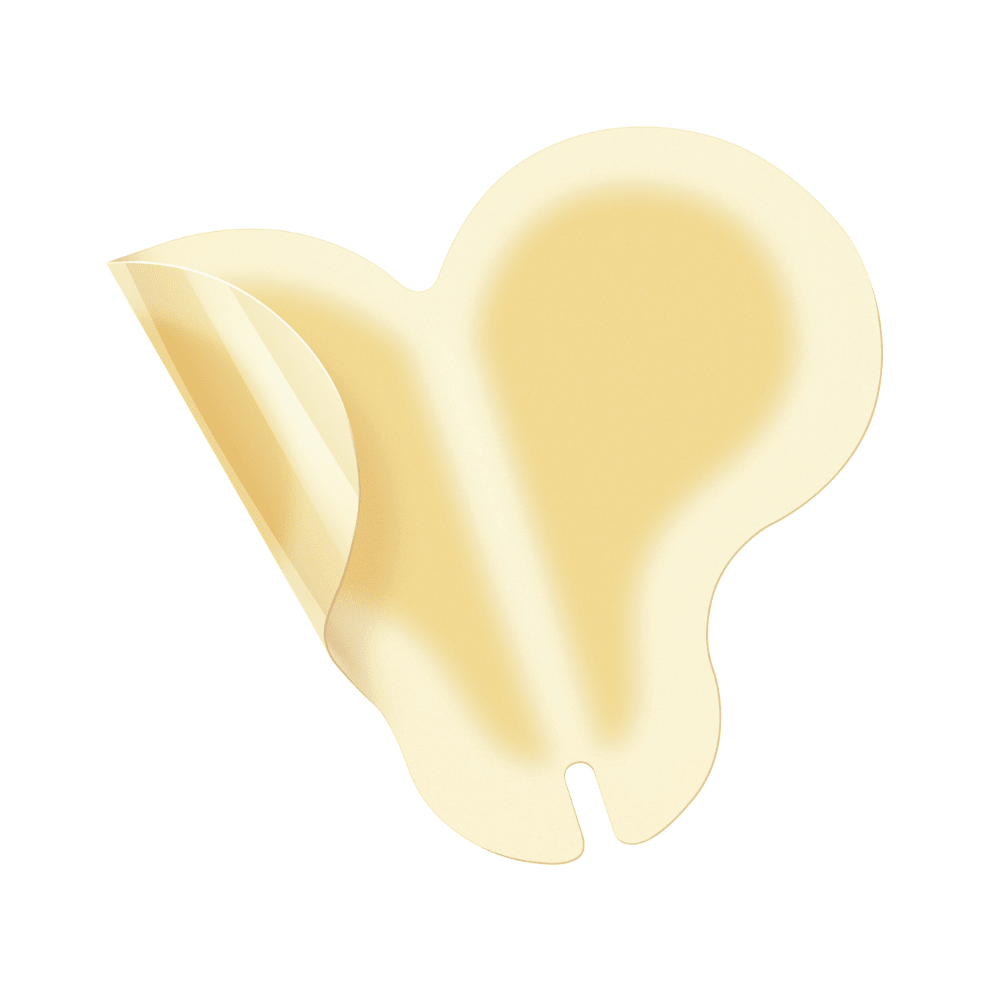 On a white background, a single Hartmann Hydrocoll Classic Sacral dressing (12 x 18 cm, beige, butterfly shape) by Paul Hartmann AG is partially peeled off the backing for moist wound treatment. Package contains 5 pieces.