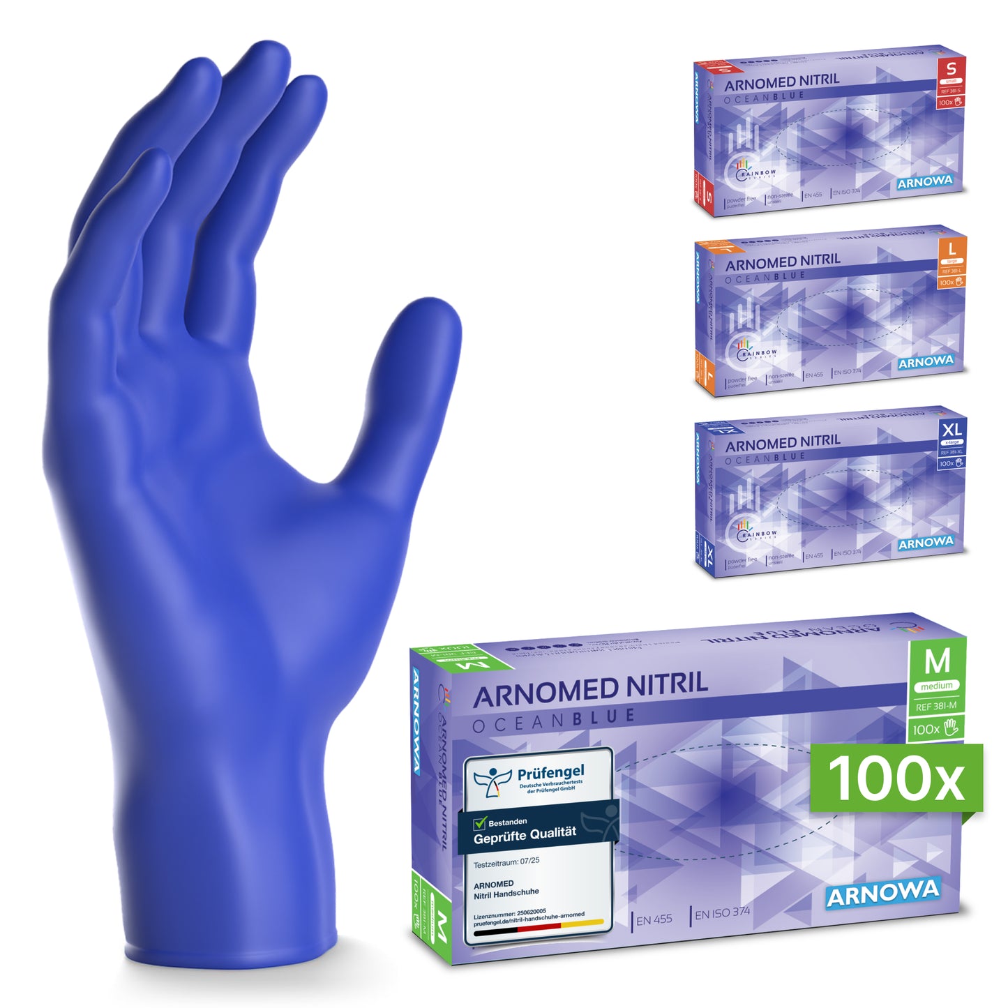A blue ARNOMED NITRIL OCEAN BLUE disposable glove from ARNOWA GmbH stands upright next to four boxes in sizes S, M (latex-free, in the foreground), L, and XL. All are made of dark blue nitrile.