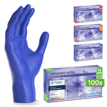 A blue ARNOMED NITRIL OCEAN BLUE disposable glove from ARNOWA GmbH stands upright next to four boxes in sizes S, M (latex-free, in the foreground), L, and XL. All are made of dark blue nitrile.