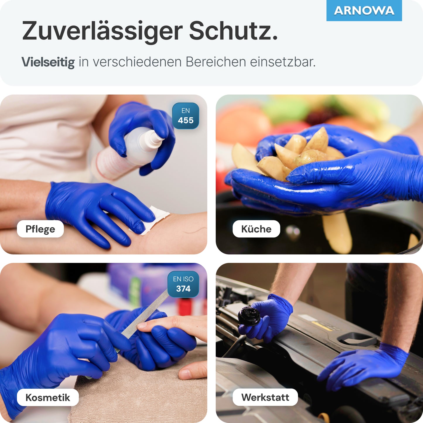 A collage shows hands wearing ARNOMED NITRIL OCEAN BLUE disposable gloves in dark blue nitrile from ARNOWA GmbH, performing tasks in care, kitchen, cosmetics, and workshop.