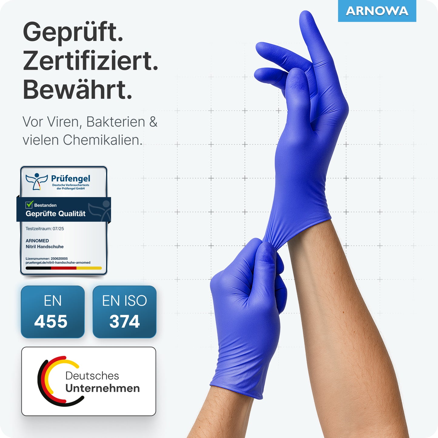 A person puts on ARNOMED NITRIL OCEAN BLUE disposable gloves from ARNOWA GmbH. The image shows certification badges, virus and bacteria protection, EN 455 & EN ISO 374 standards, ARNOVA logo, German company logos, and shows that the gloves are latex-free.