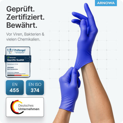 A person puts on ARNOMED NITRIL OCEAN BLUE disposable gloves from ARNOWA GmbH. The image shows certification badges, virus and bacteria protection, EN 455 & EN ISO 374 standards, ARNOVA logo, German company logos, and shows that the gloves are latex-free.