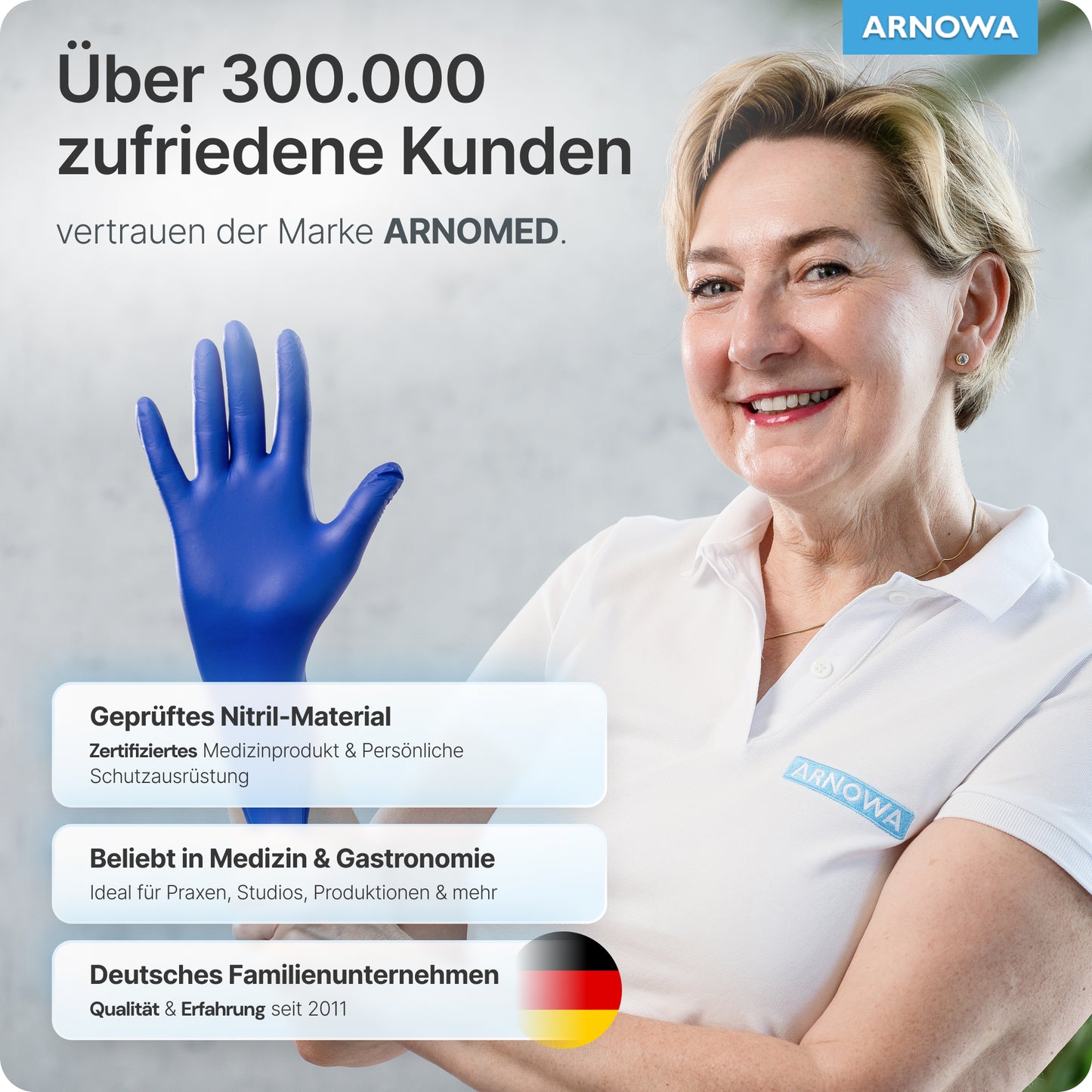 A woman in a white polo with the ARNOWA logo smiles and holds an ARNOMED NITRIL OCEAN BLUE disposable glove from ARNOWA GmbH - certified, latex-free nitrile gloves for medical or gastronomic use, made in Germany.