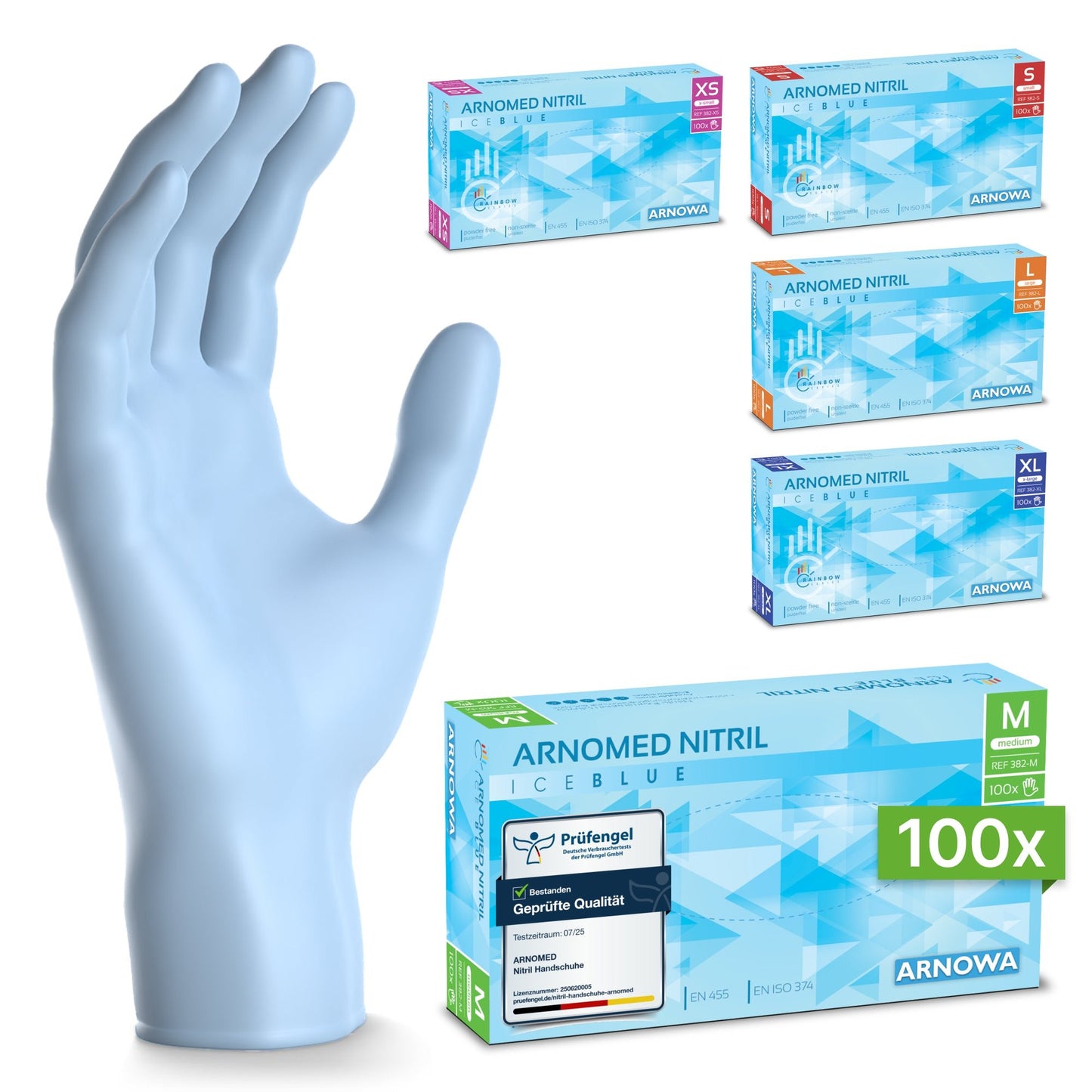 A light blue ARNOMED NITRIL ICE BLUE glove from ARNOWA GmbH stands upright, with five boxes of these nitrile gloves in various sizes and colors on the right side and a larger green-white box "100x" in the foreground.