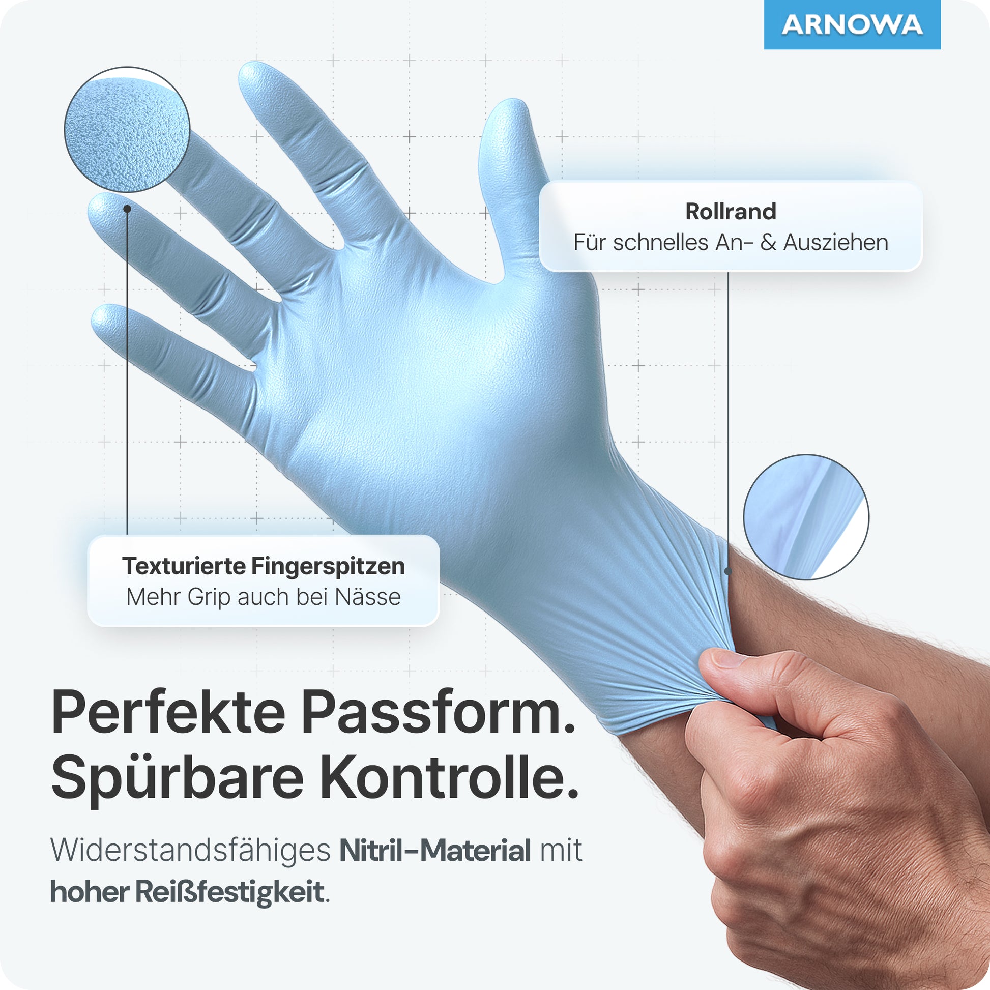 A hand puts on a light blue ARNOMED NITRIL ICE BLUE disposable glove from ARNOWA GmbH. The nitrile glove has a rolled cuff, textured fingertips, is latex-free, fits perfectly, grips well even when wet, and is tear-resistant.