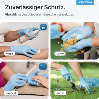 A collage shows how ARNOMED NITRIL ICE BLUE disposable gloves from ARNOWA GmbH are used with gloves to spray a bottle on a wound, handle potatoes, file nails, and perform gardening tasks - emphasizing their reliability and versatility.