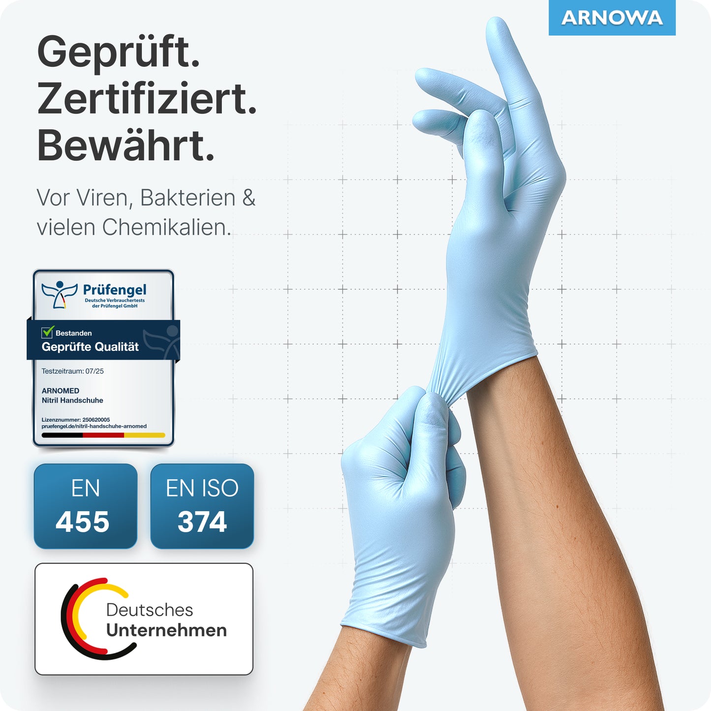 A person wears ARNOMED NITRIL ICE BLUE disposable gloves from ARNOWA GmbH. Text and icons indicate that these latex-free gloves are quality-tested, virus-, bacteria-, and chemical-resistant according to EN 455 and EN ISO 374.