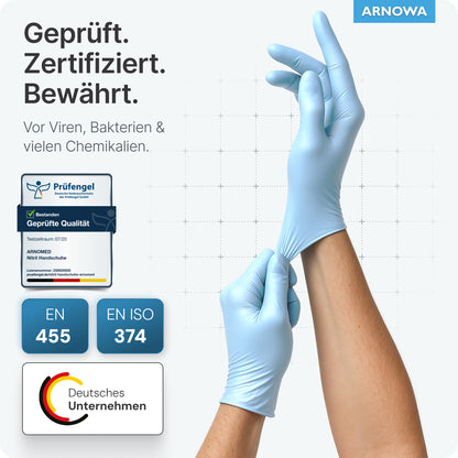 A person wears ARNOMED NITRIL ICE BLUE disposable gloves from ARNOWA GmbH. Text and icons indicate that these latex-free gloves are quality-tested, virus-, bacteria-, and chemical-resistant according to EN 455 and EN ISO 374.