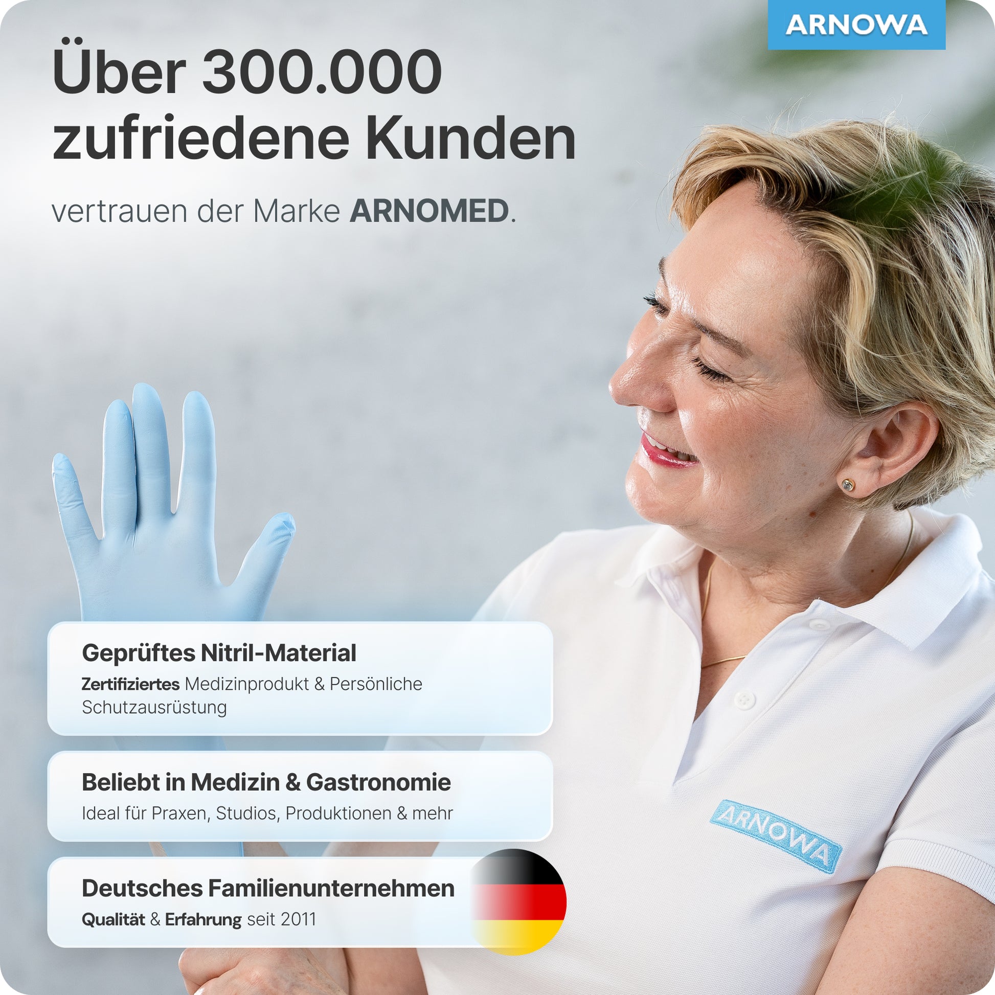 A smiling woman in a white ARNOWA polo holds an ARNOMED NITRIL ICE BLUE disposable glove. The text highlights 300,000+ satisfied customers, latex-free certified material, and proven German ARNOWA GmbH quality.