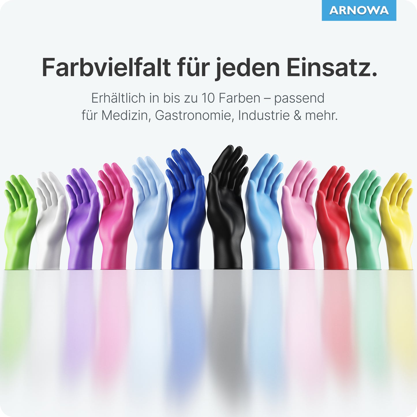 A row of ARNOMED NITRIL ICE BLUE disposable gloves from ARNOWA GmbH is displayed on a reflective surface to emphasize their suitability for medicine, gastronomy, and industry.
