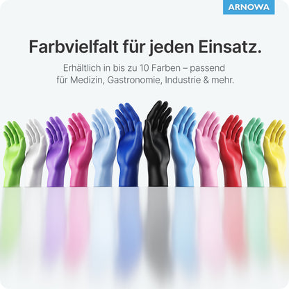A row of ARNOMED NITRIL ICE BLUE disposable gloves from ARNOWA GmbH is displayed on a reflective surface to emphasize their suitability for medicine, gastronomy, and industry.