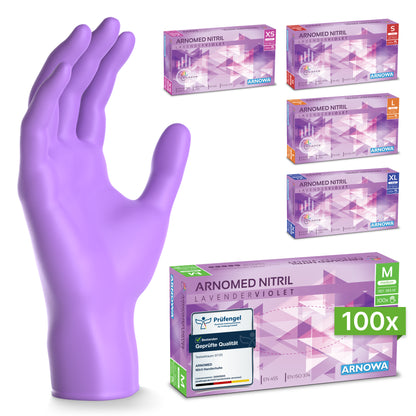 A large ARNOMED NITRIL LAVENDER VIOLET glove from ARNOWA GmbH stands upright next to five color-coded, powder-free boxes (XS-XL, 100 gloves/box) of ARNOMED medical gloves.