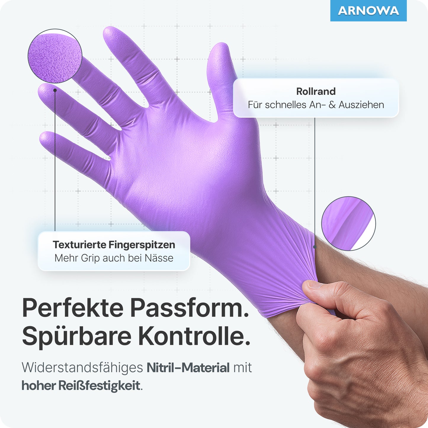 A hand wears ARNOMED NITRIL LAVENDER VIOLET disposable gloves made of violet nitrile from ARNOWA GmbH. The labeling shows textured fingertips, a rolled cuff, and a comfortable fit. The German text states that they are powder-free, extra grippy, and tear-resistant. ARNOWA logo in the upper right corner.