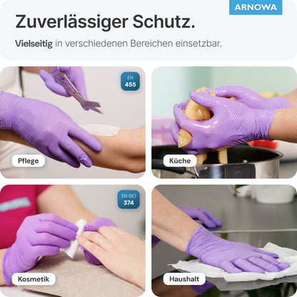 Four images show hands in ARNOMED NITRIL LAVENDER VIOLET disposable gloves made of violet nitrile from ARNOWA GmbH: applying bandages (care), squeezing a lemon (kitchen), manicure (cosmetics), and wiping a surface (household). German text is present.