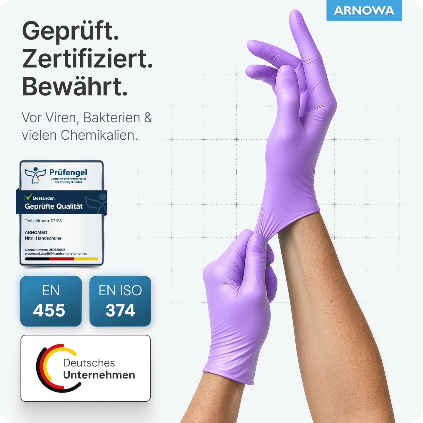 A person wears ARNOMED NITRIL LAVENDER VIOLET disposable gloves from ARNOWA GmbH. German texts emphasize the certified protection against viruses, bacteria, and chemicals. Certification symbols and the ARNOWA logo are visible. The gloves are powder-free.
