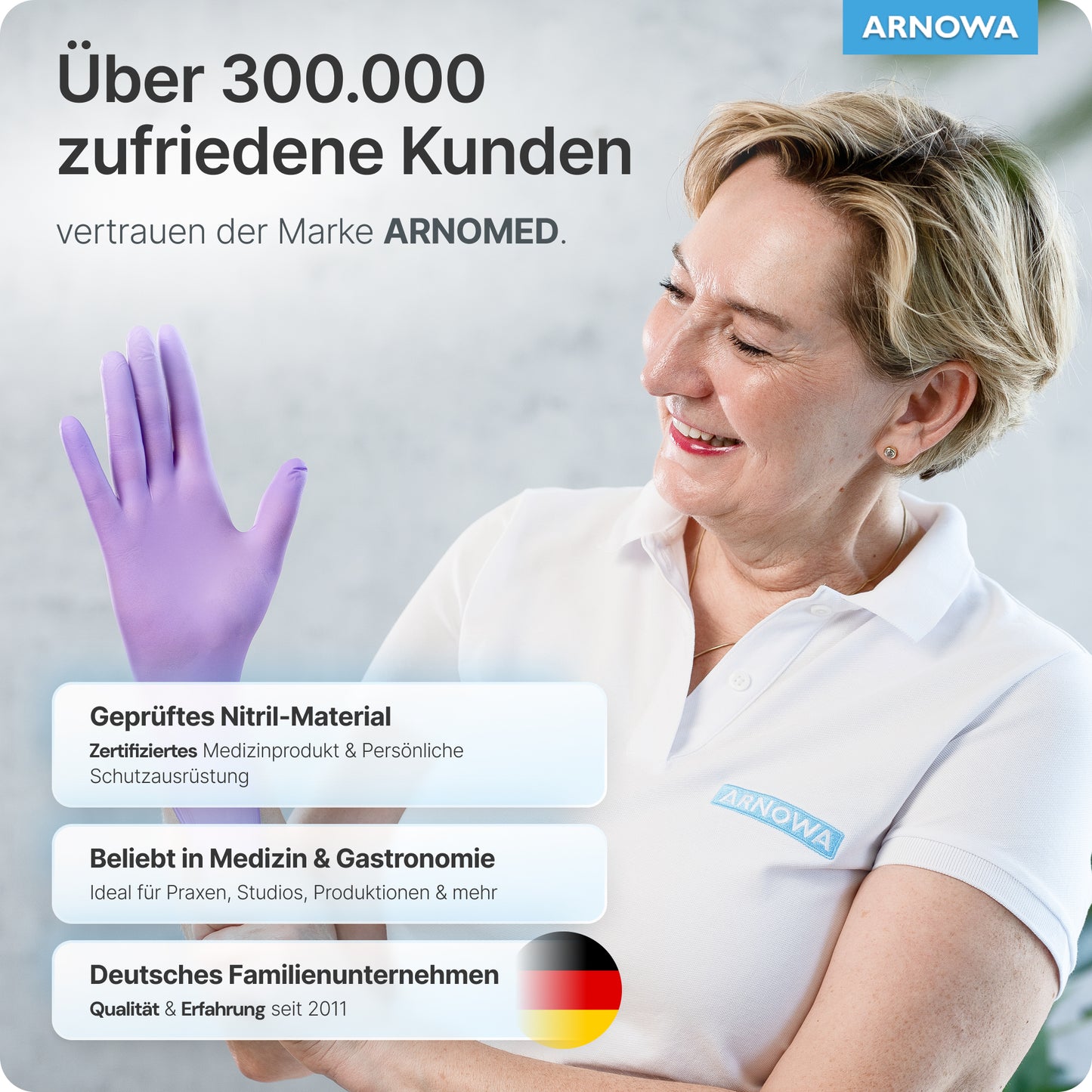 A smiling woman in a white shirt and ARNOMED NITRIL LAVENDER VIOLET disposable gloves from ARNOWA GmbH stands next to a text about satisfied customers, certified powder-free medical gloves, use in medicine & gastronomy, and German company quality.