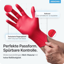 Shown is a hand with spread fingers wearing a red ARNOMED NITRIL LAVA RED disposable glove from ARNOWA GmbH. The text highlights textured fingertips, rolled cuff, and high tear resistance. Light blue background with ARNOWA logo in the top right corner.