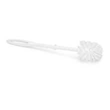 The Nölle Profi Brush toilet brush from Nölle Profi Brush Bürsten- & Pinseltechnik e.K. has a small round head with a diameter of 65 mm, is 38 cm long, and features a white plastic design with an oval hole at the end of the handle.