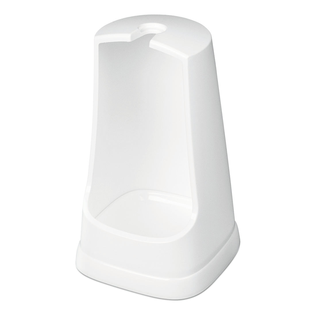A white plastic stand with an open front and a hole at the top for storing the Nölle Profi Brush WC brush round head 38 cm (PPN bristles), by Nölle Profi Brush Bürsten- & Pinseltechnik e.K., or similar accessories.