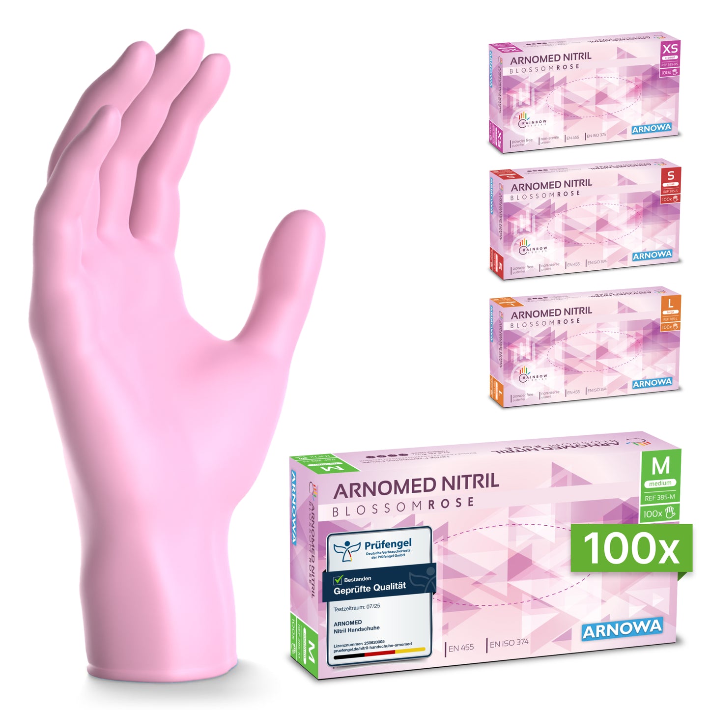 A pink ARNOMED NITRIL BLOSSOM ROSE disposable glove from ARNOWA GmbH is shown open, next to four boxes in sizes XS, S, M, and L. The front box contains 100 medium-sized pink nitrile gloves.