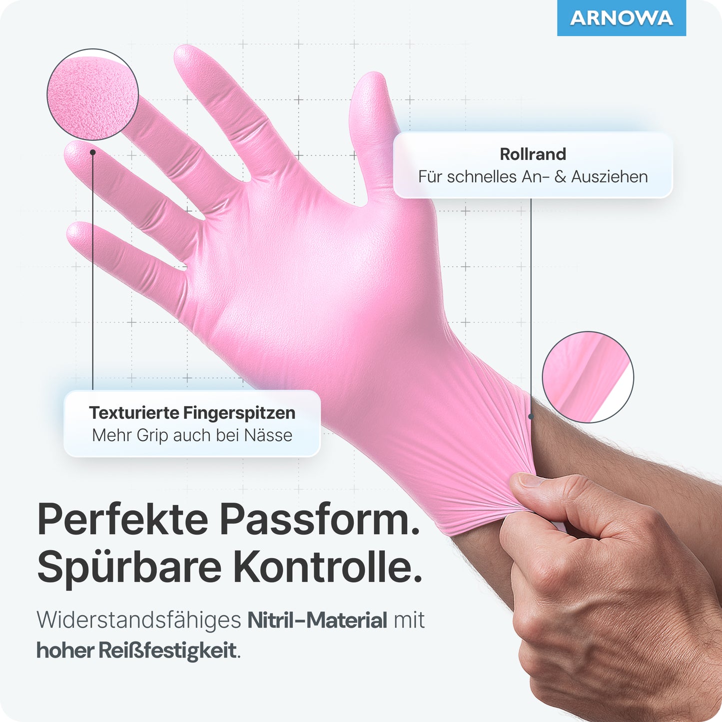 A hand is depicted in ARNOMED NITRIL BLOSSOM ROSE disposable gloves made of pink nitrile by ARNOWA GmbH. Textured fingertips provide grip, a rolled cuff allows for easy donning, and the glove offers a perfect fit, high tear resistance, and is latex-free.