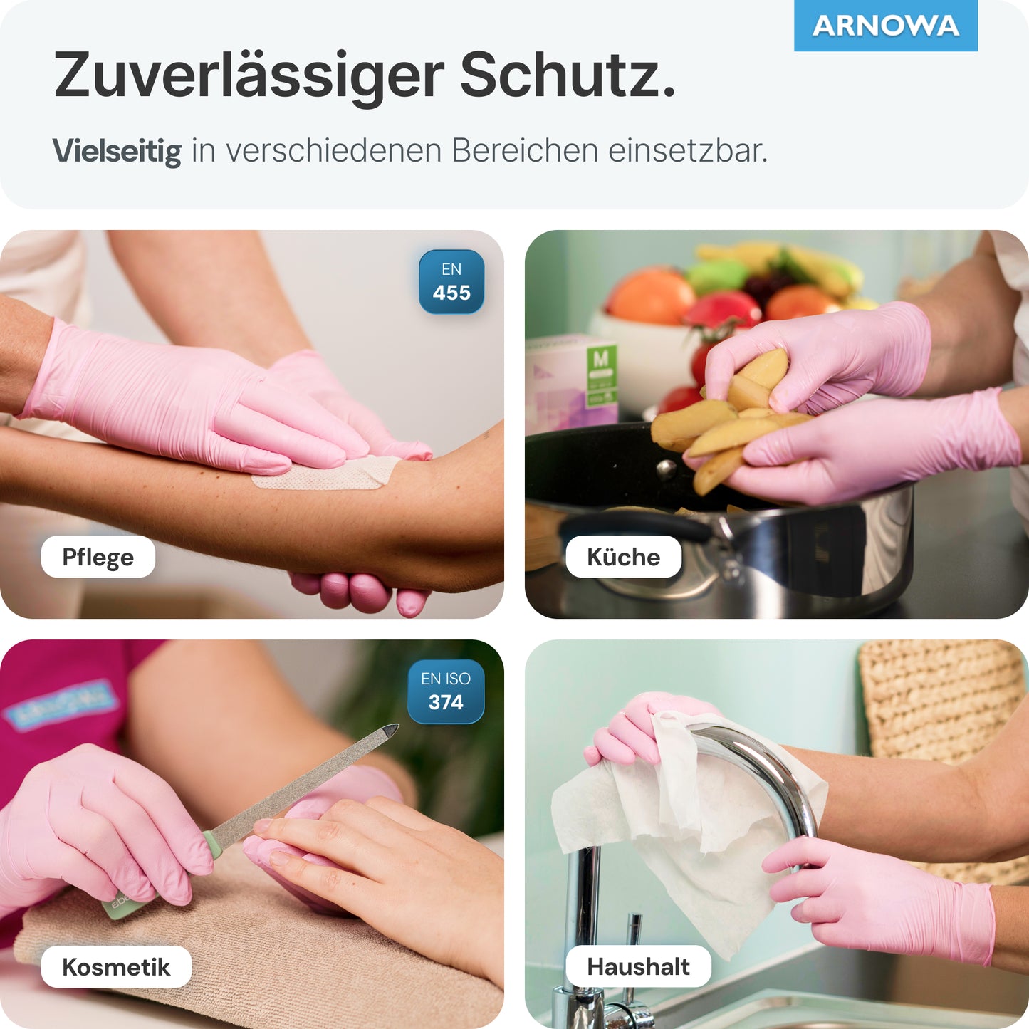 A collage shows hands in ARNOMED NITRIL BLOSSOM ROSE disposable gloves from ARNOWA GmbH for tasks like applying bandages, washing potatoes, filing nails, and wiping faucets - a reliable, latex-free protection in care, kitchen, cosmetics & household.