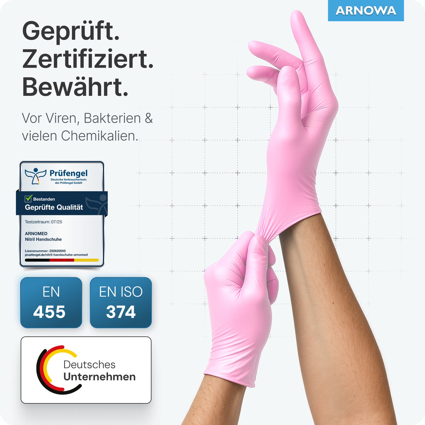 A person is wearing ARNOMED NITRIL BLOSSOM ROSE disposable gloves made of pink nitrile by ARNOWA GmbH, certified as latex-free and protective against viruses, bacteria, and chemicals; the logos EN 455 and EN ISO 374 as well as a German company emblem are shown.