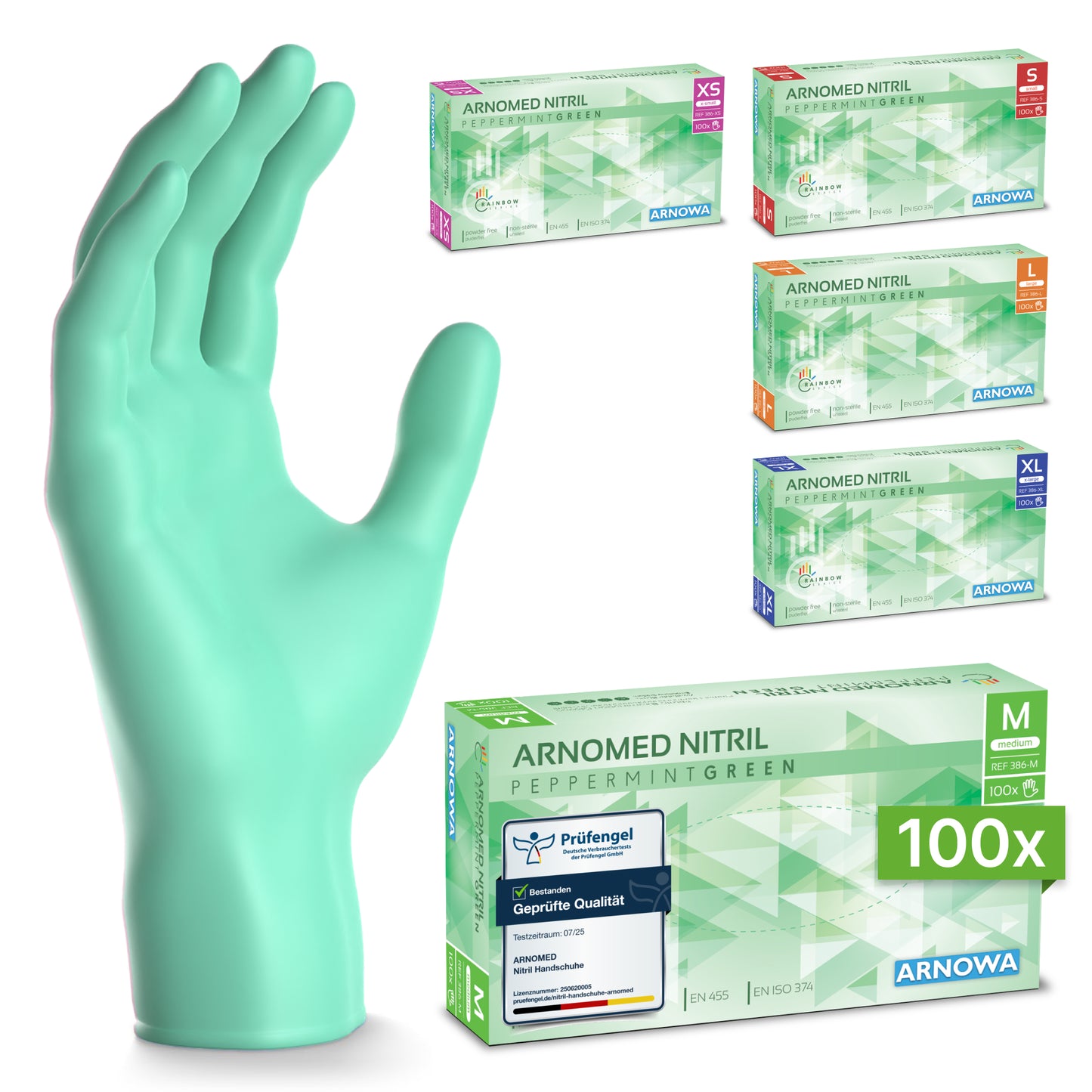 An upright standing ARNOMED NITRIL PEPPERMINT GREEN Colorful Disposable Gloves made of mint green nitrile from ARNOWA GmbH is displayed, behind it five colorful ARNOWA glove boxes in different sizes; the front box is labeled "M, 100x, latex-free".