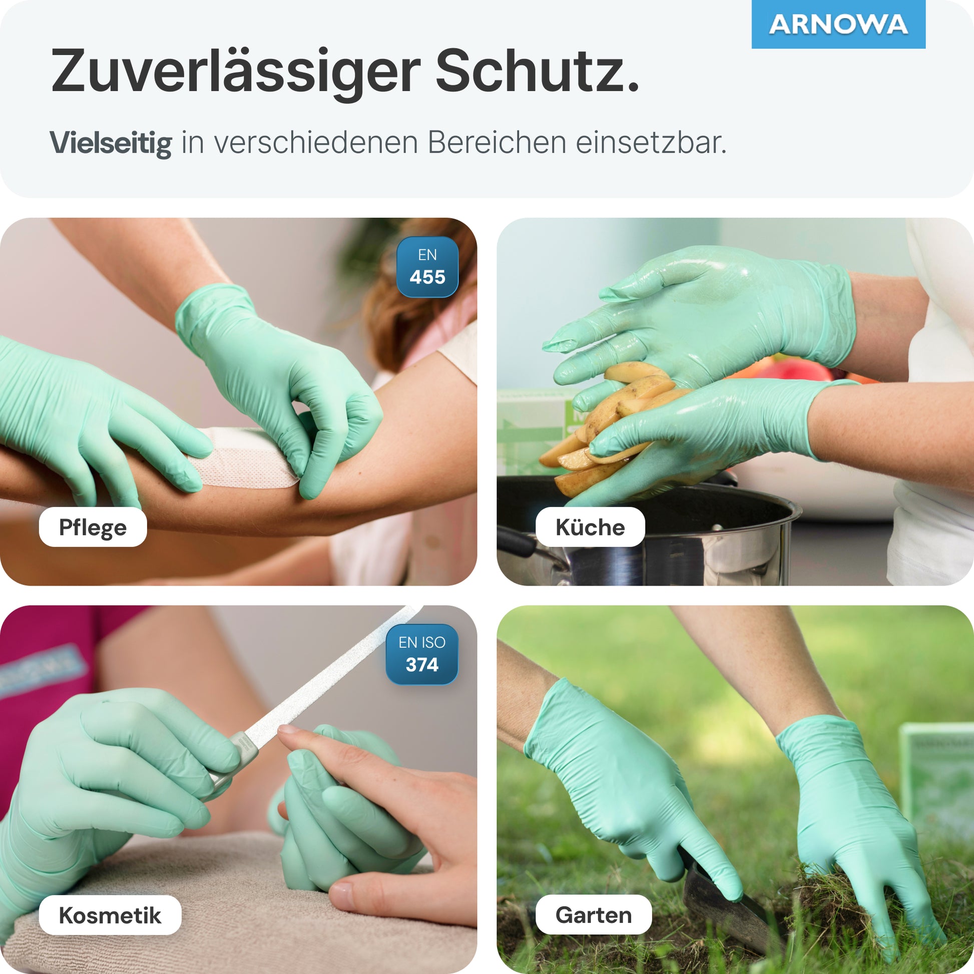 A collage shows people wearing ARNOMED NITRIL PEPPERMINT GREEN Colorful Disposable Gloves from ARNOWA GmbH while bandaging, cleaning, filing nails, and gardening. German labels highlight the versatility of the mint green nitrile gloves.