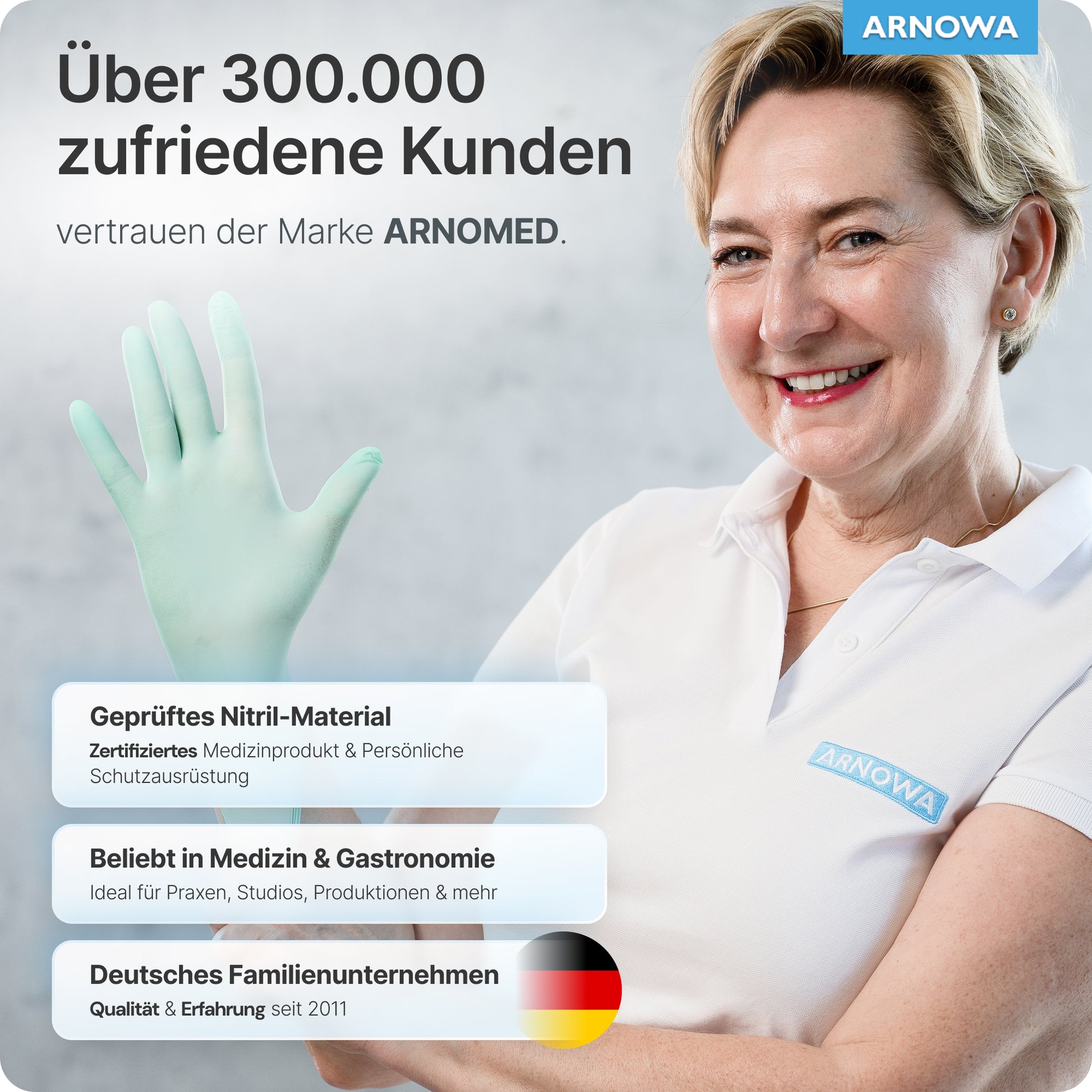 A smiling woman in a white polo with an "ARNOWA" name badge holds up ARNOMED NITRIL PEPPERMINT GREEN Disposable Gloves made of mint green nitrile from ARNOWA GmbH. Certified nitrile, latex-free - ideal for medical and gastronomy. German flag in view.