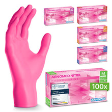 A pink ARNOMED NITRIL MAGNOLIA PINK disposable glove from ARNOWA GmbH stands upright. Next to it are six boxes in different sizes labeled "ARNOMED NITRIL MAGNOLIA PINK", "powder-free latex-free" and one box shows "100x".