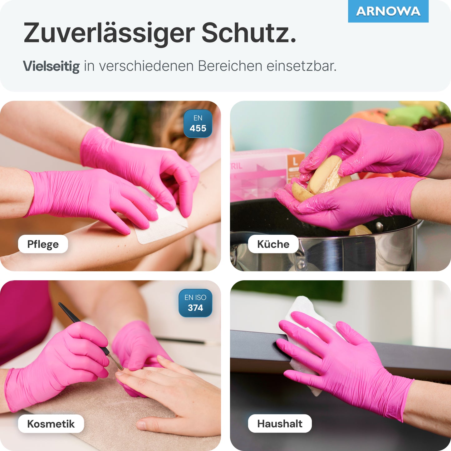 Four images show ARNOMED NITRIL MAGNOLIA PINK disposable gloves from ARNOWA GmbH being used for care, washing potatoes, manicure, and cleaning. German text emphasizes their powder-free, latex-free versatility.
