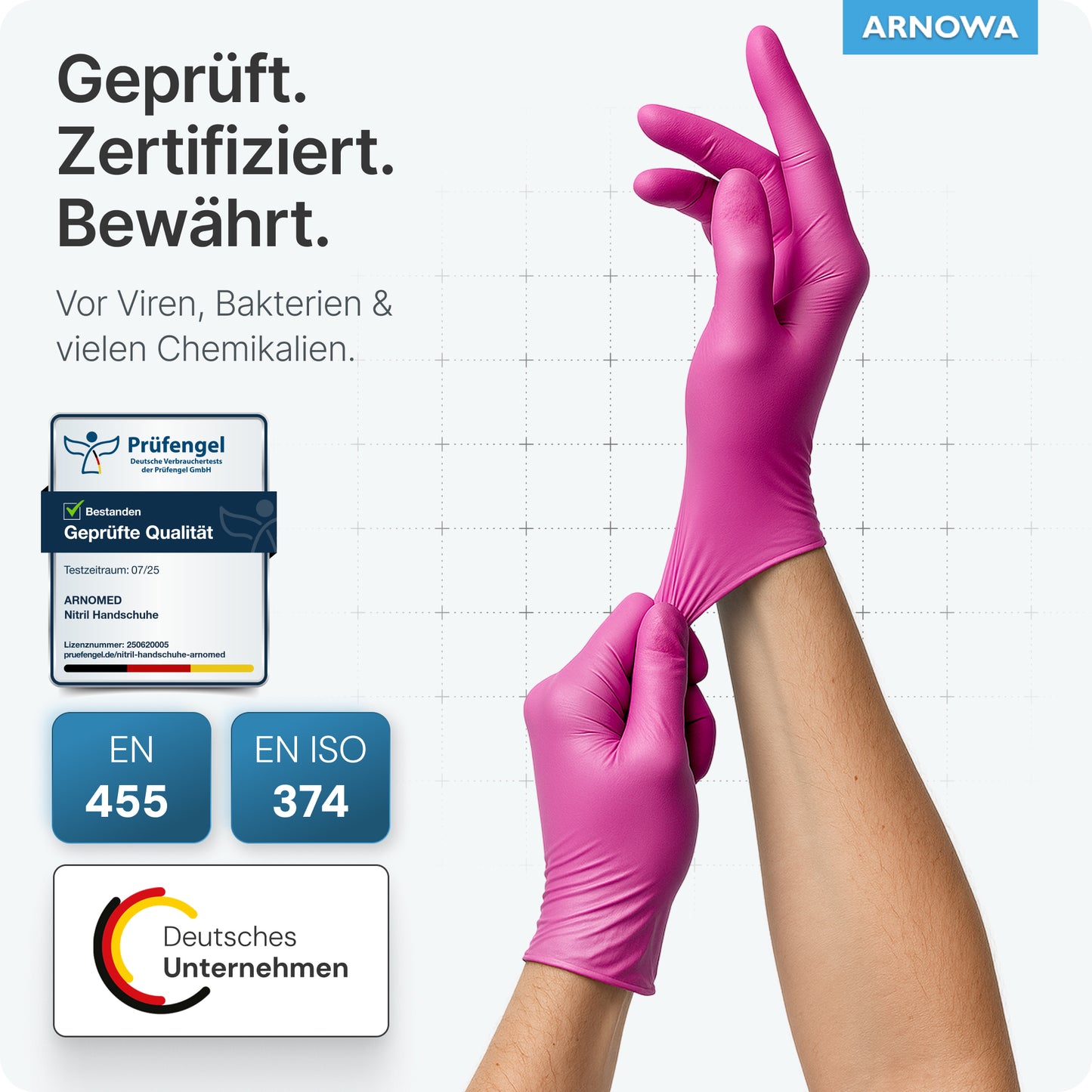 A hand wearing ARNOMED NITRIL MAGNOLIA PINK disposable gloves from ARNOWA GmbH pulls at the wrist of the glove. German text highlights certifications, with logos and charts on the left side and the ARNOWA GmbH logo in the upper right.