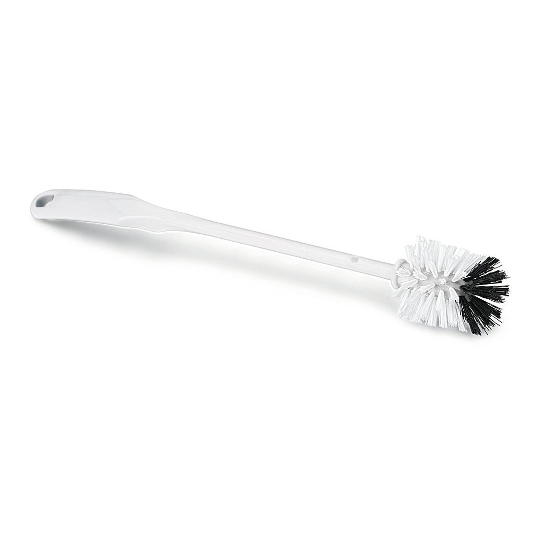 The Nölle Profi Brush Drain Plunger (Ø 140 mm, 35 cm, TPE) from Nölle Profi Brush Brush & Paintbrush Technology e.K. is a white dish brush made of plastic with a long handle and a round head with white and black bristles on a solid-colored base.