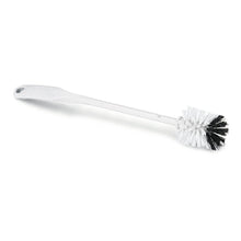 The Nölle Profi Brush Drain Plunger (Ø 140 mm, 35 cm, TPE) from Nölle Profi Brush Brush & Paintbrush Technology e.K. is a white dish brush made of plastic with a long handle and a round head with white and black bristles on a solid-colored base.