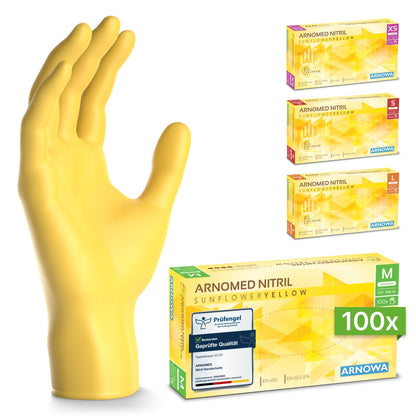 A yellow ARNOMED NITRIL SUNFLOWER YELLOW disposable glove from ARNOWA GmbH stands upright on the left, with latex-free boxes in XS, S, M, and L on the right. Each box contains 100 yellow nitrile gloves.