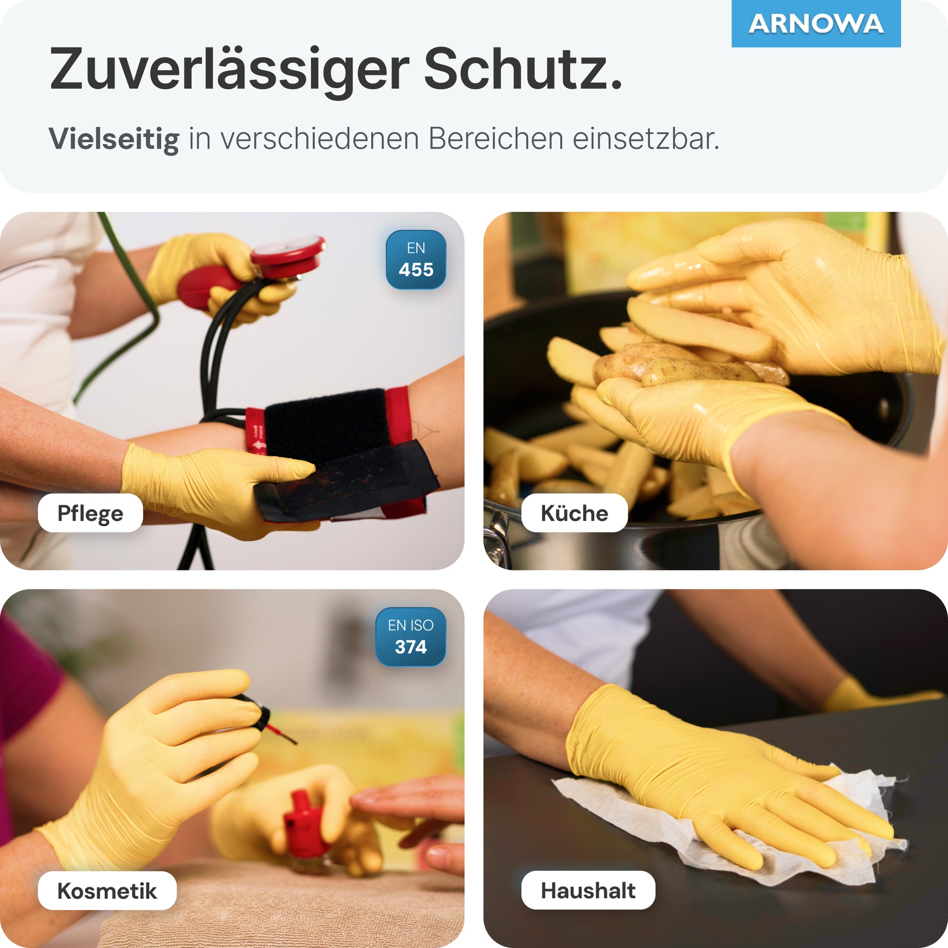 Four images show ARNOMED NITRIL SUNFLOWER YELLOW disposable gloves made from yellow nitrile by ARNOWA GmbH for blood pressure monitoring, food preparation, cosmetics, and cleaning. Their latex-free material ensures reliable, versatile protection.