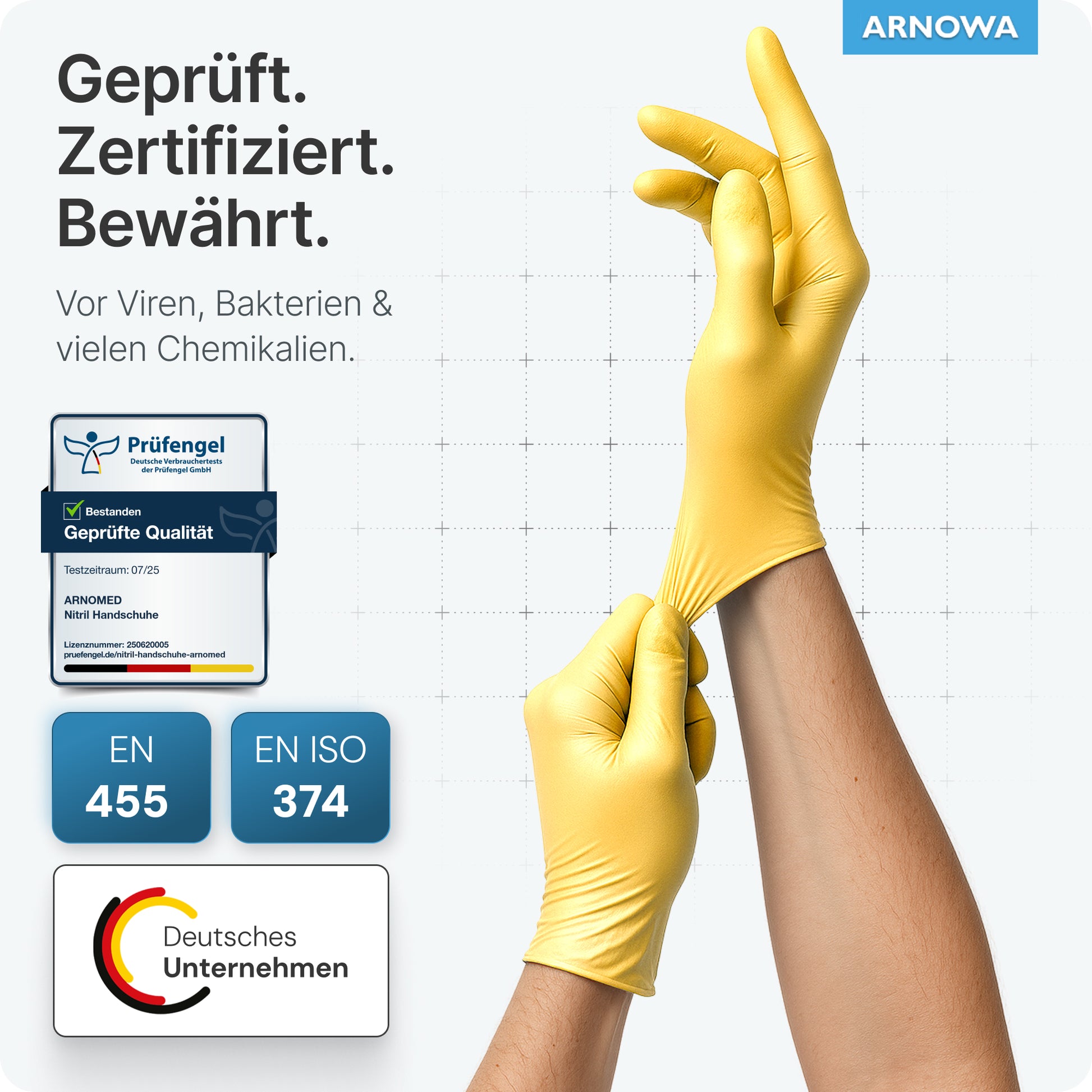 A person is putting on an ARNOMED NITRIL SUNFLOWER YELLOW disposable glove from ARNOWA GmbH. The latex-free glove protects against viruses, bacteria, and chemicals; certified according to EN 455, EN ISO 374, "German company" is displayed.