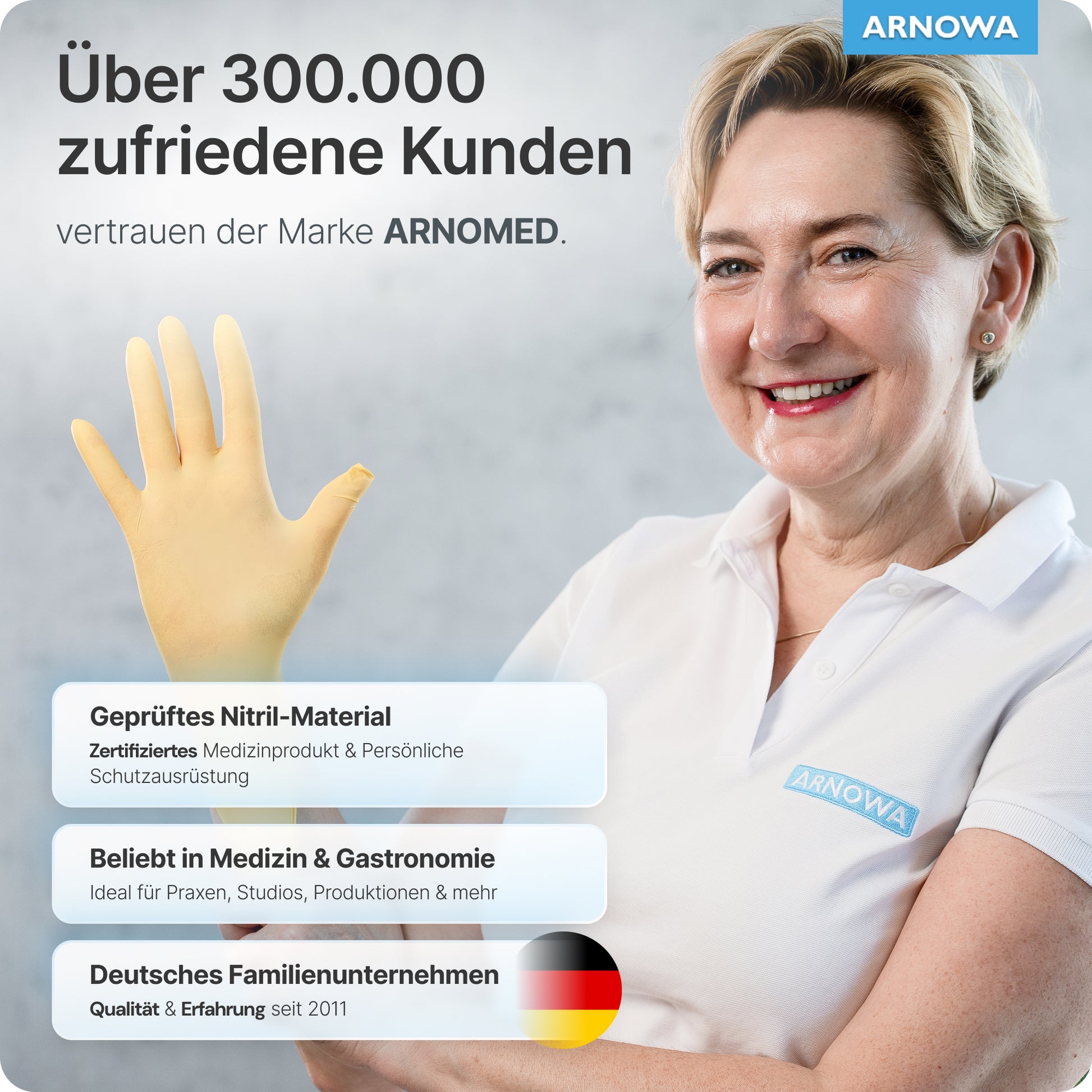 A smiling woman in a white polo and blue gloves presents ARNOMED NITRIL SUNFLOWER YELLOW disposable gloves from ARNOWA GmbH - certified, latex-free, ideal for medicine & gastronomy, and from a German company.
