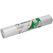 Pictured is a pack of 50 transparent DEISS 39001 garbage bags (320+320x740 mm) from EMIL DEISS KG. The packaging features green and orange labels with German text and a hand graphic for easy bag removal.