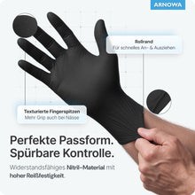 A hand wears ARNOMED NITRIL MIDNIGHT BLACK disposable gloves from ARNOWA GmbH, with notes on textured fingertips, rolled cuff, and high tear resistance. The text highlights the perfect fit, control, and the durable tear-resistant black nitrile gloves.