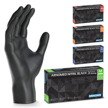 A black nitrile disposable glove stands upright next to four boxes "ARNOWA GmbH ARNOMED NITRIL BLACK XTRA STRONG Extra thick disposable gloves made of nitrile in black" in S (red), M (green), L (orange), and XL (blue); in front is the extra thick green box.