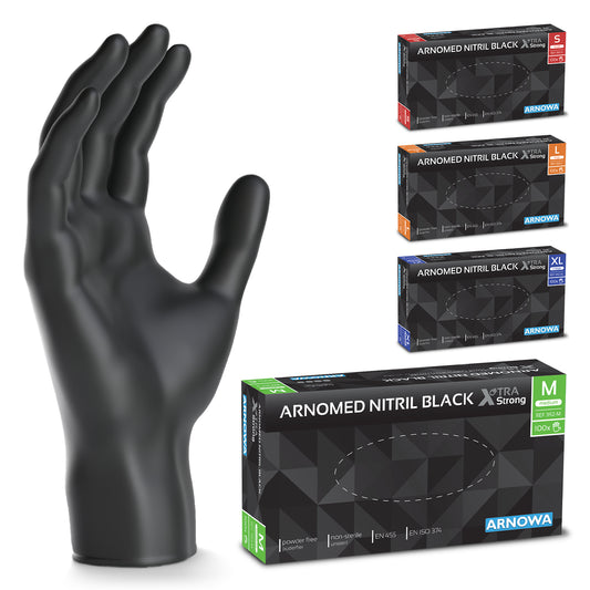 A black nitrile disposable glove stands upright next to four boxes "ARNOWA GmbH ARNOMED NITRIL BLACK XTRA STRONG Extra thick disposable gloves made of nitrile in black" in S (red), M (green), L (orange), and XL (blue); in front is the extra thick green box.